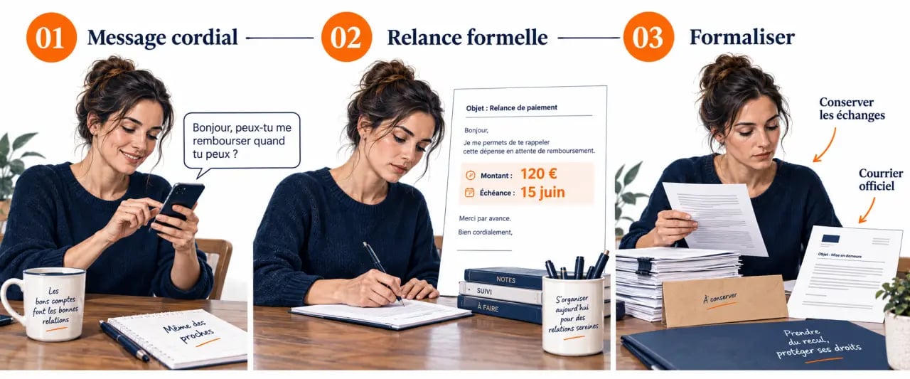 Étapes d'un SMS pour réclamer son argent, de la relance amiable à la demande formelle