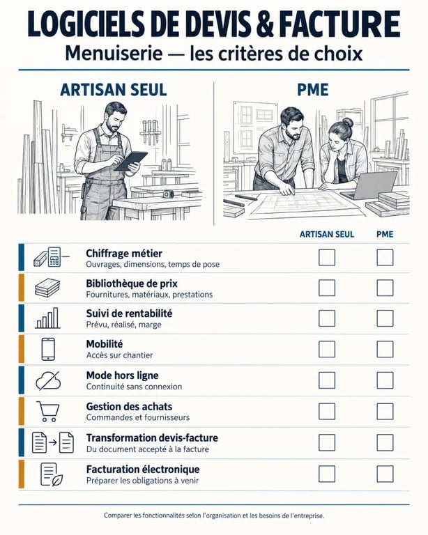 Logiciel devis facture menuiserie : critères de comparaison pour choisir une solution adaptée
