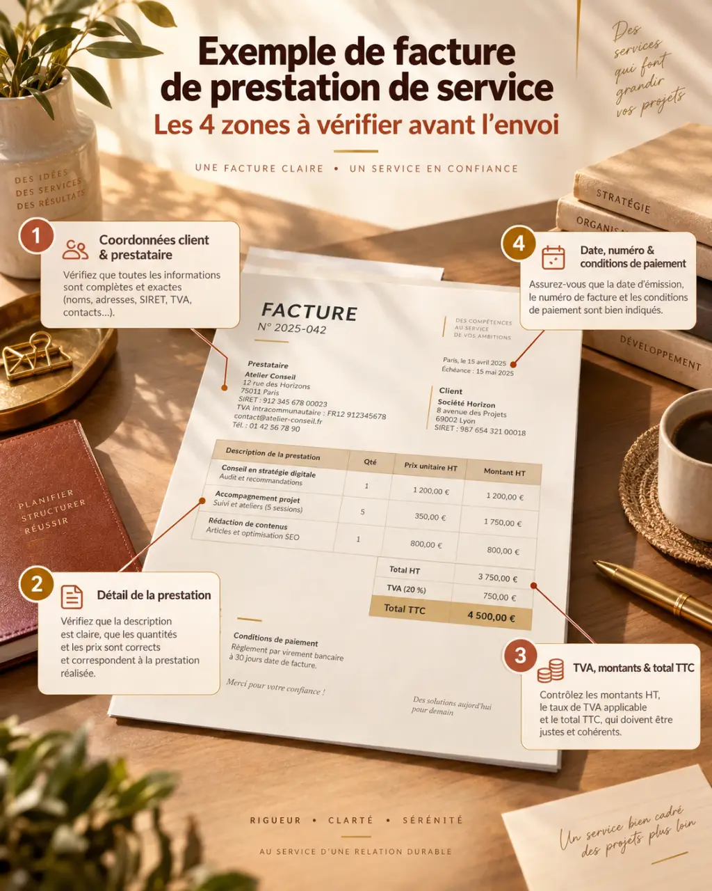Exemple de facture de prestation de service : les 4 zones à vérifier avant l’envoi