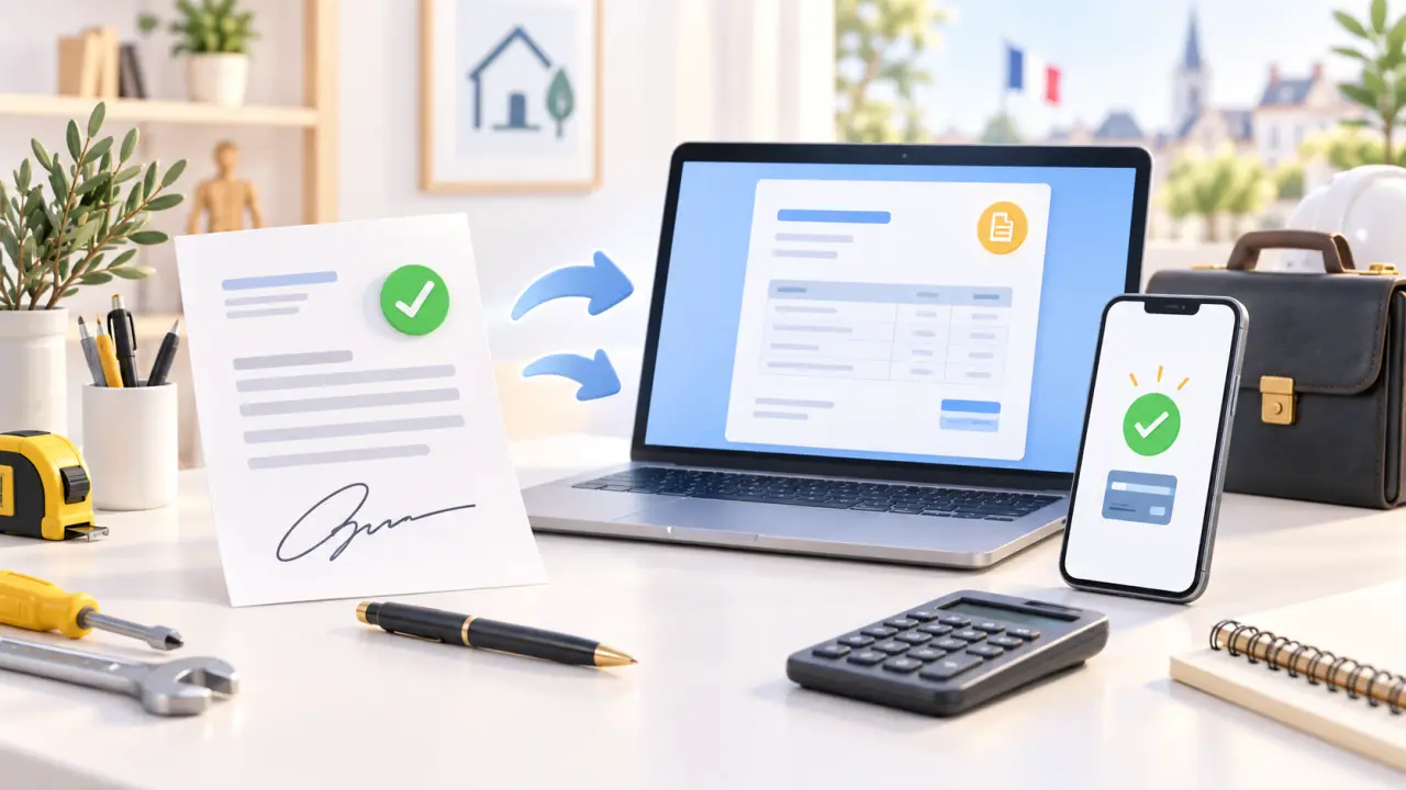 Devis signé et facture professionnelle sur un tableau de bord de gestion