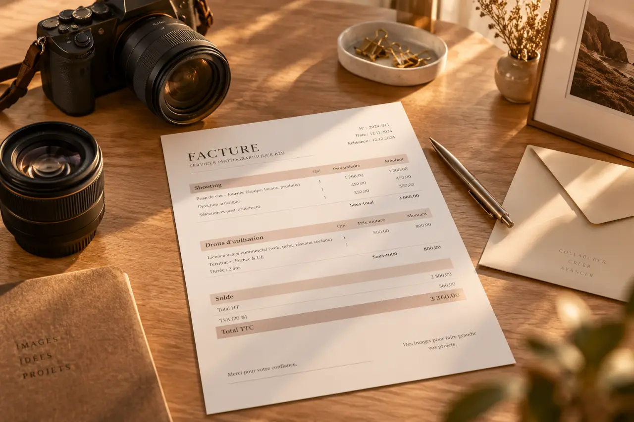 Une facture photographe doit séparer le shooting, les droits et le solde