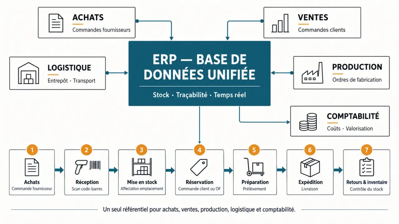 Schéma d’un ERP de gestion de stock centralisant les flux d’achat, réception, emplacement, préparation et inventaire