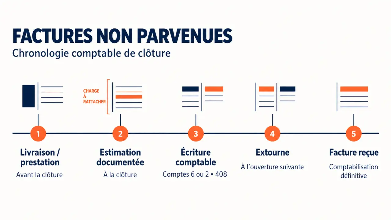 Schéma du traitement des factures non parvenues entre clôture, extourne et réception de la facture