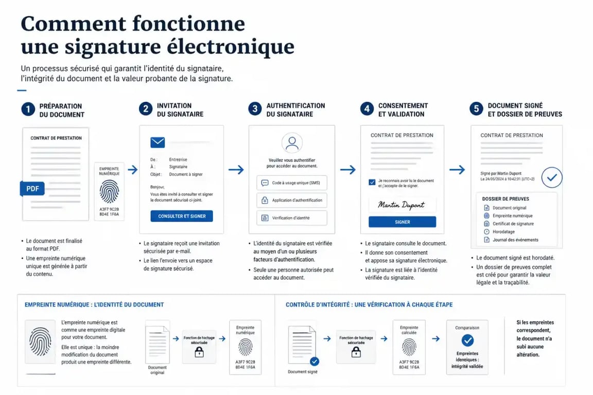Schéma expliquant comment fonctionne la signature électronique, de l’authentification au dossier de preuves