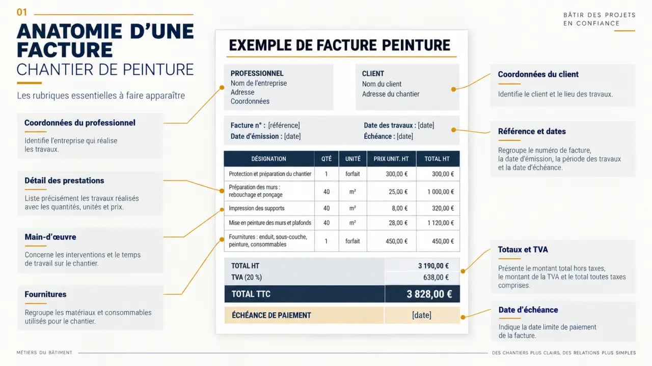 Infographie montrant la structure d'une facture peinture exemple avec main-d'œuvre, fournitures, TVA et total TTC