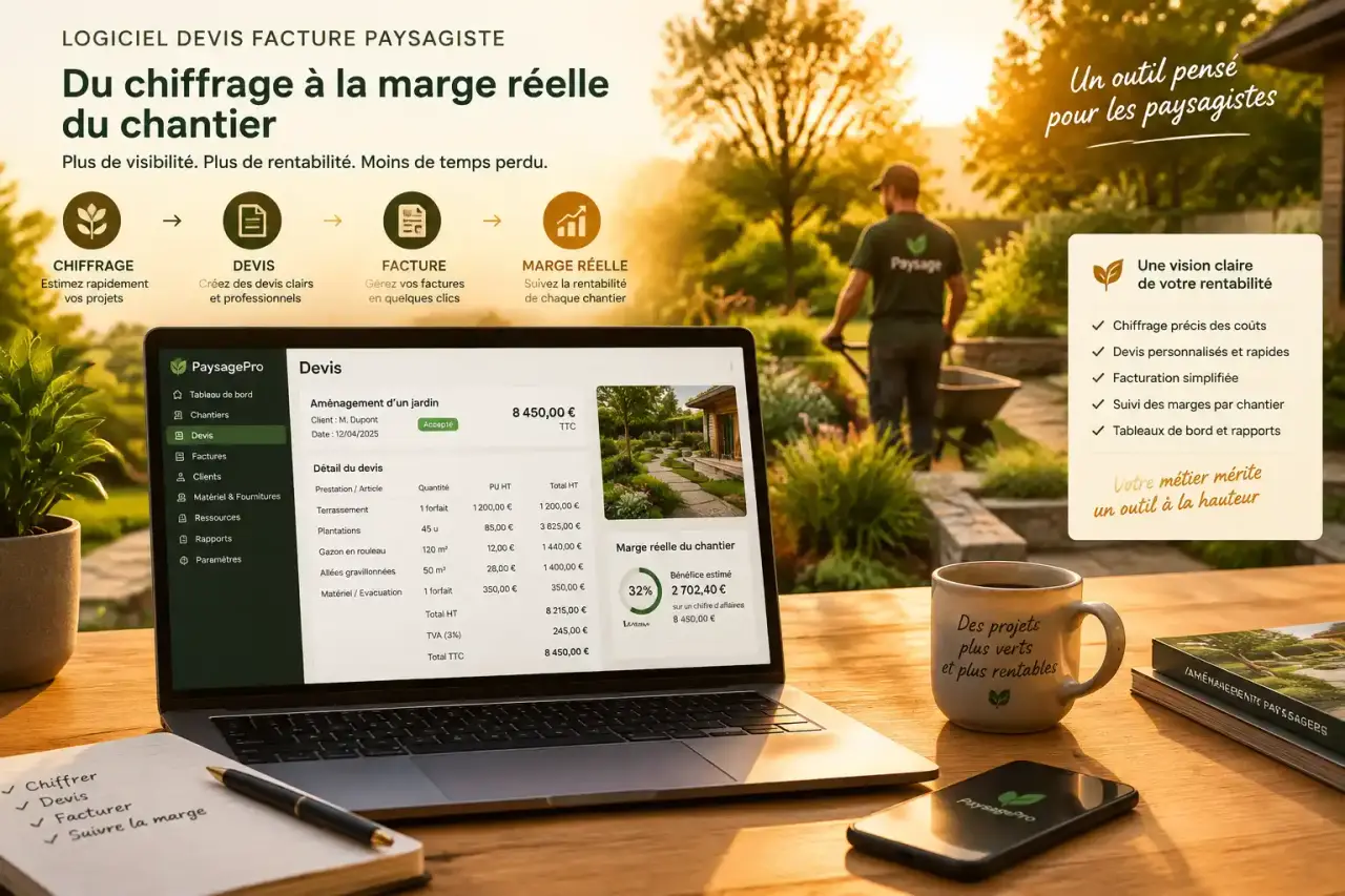 Logiciel devis facture paysagiste : du chiffrage à la marge réelle du chantier