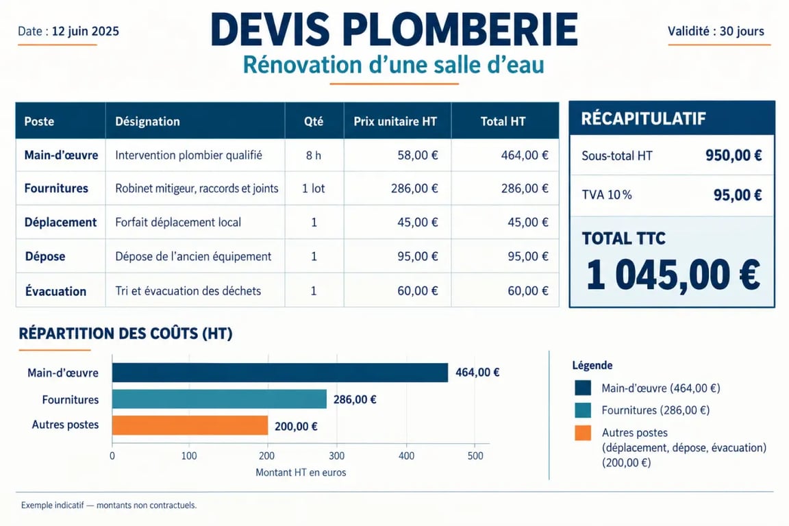 Devis plomberie détaillé avec main-d’œuvre, fournitures, déplacement, TVA et total TTC