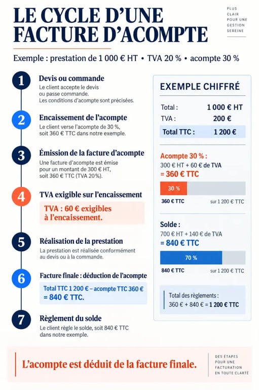 Infographie du cycle d'une facture d'acompte avec TVA et facture finale