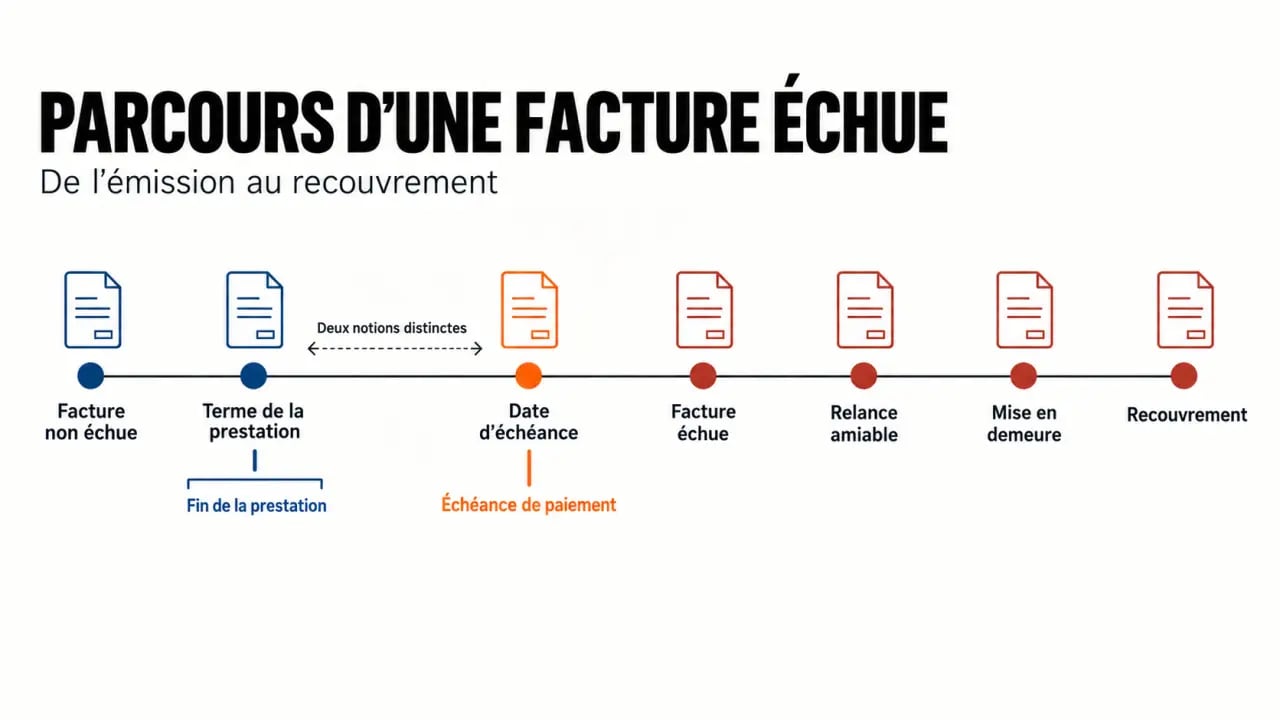 Infographie sur le parcours d’une facture échue, de l’échéance au recouvrement